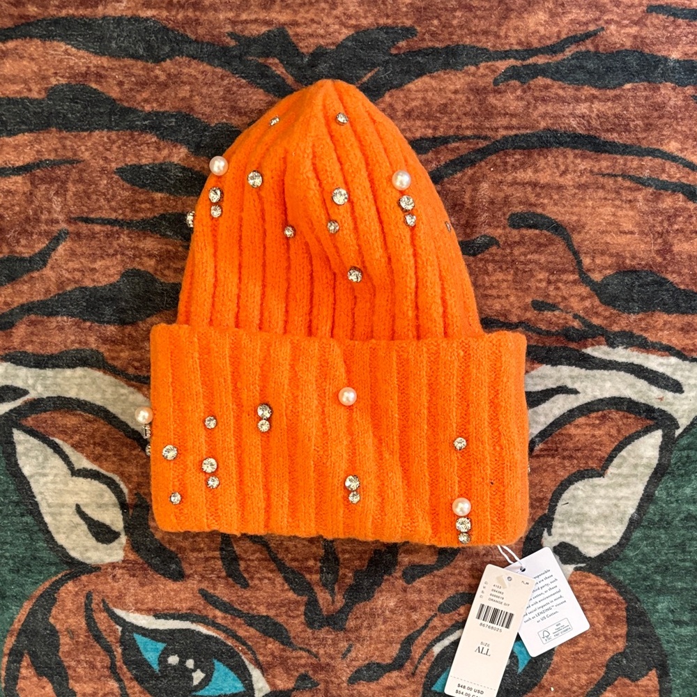 Anthropologie Orange Beanie with Rhinestones & Pearls